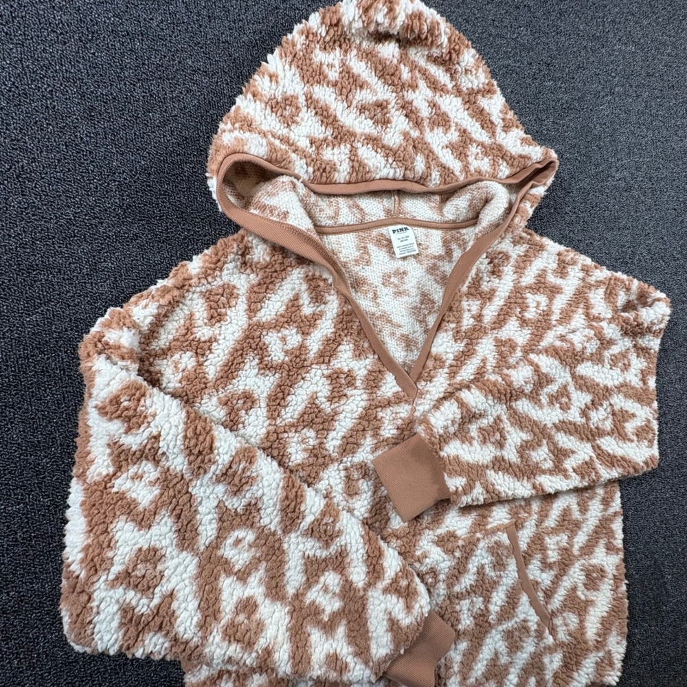 Victoria's Secret PINK Sherpa Fleece Pull Over Hoodie Women's XS Oversized tan